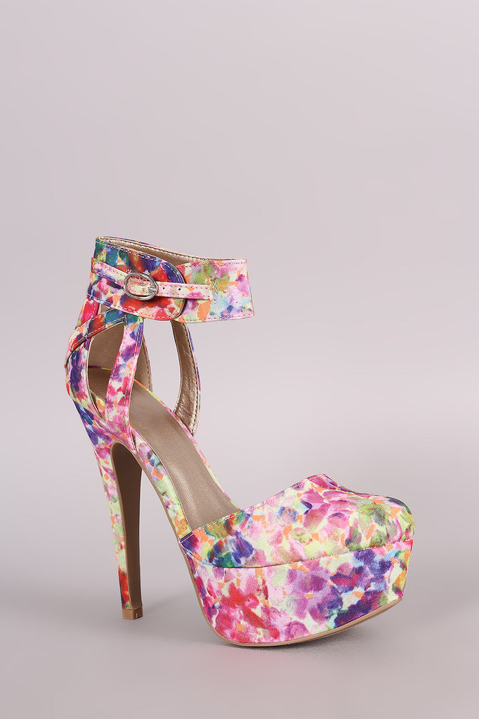 Qupid Abstract Watercolor Ankle Cuff Platform Pump