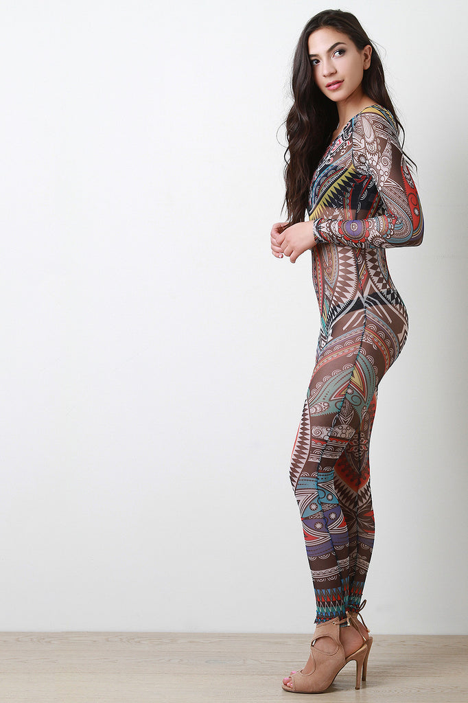 Long Sleeve Semi-Sheer Tribal Print Jumpsuit