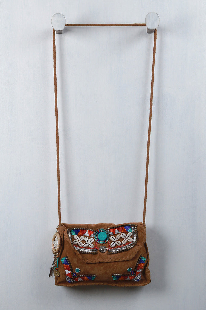 Faux Suede Beaded Dreamcatcher Clutch Bag