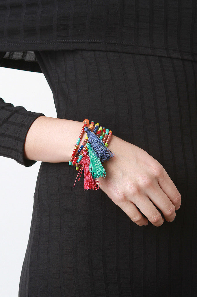 Multi-Color Bead and Tassel Bracelet Set