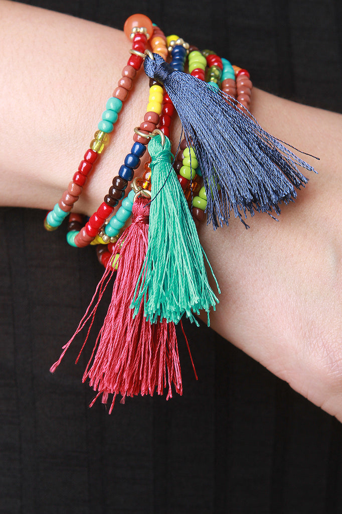 Multi-Color Bead and Tassel Bracelet Set