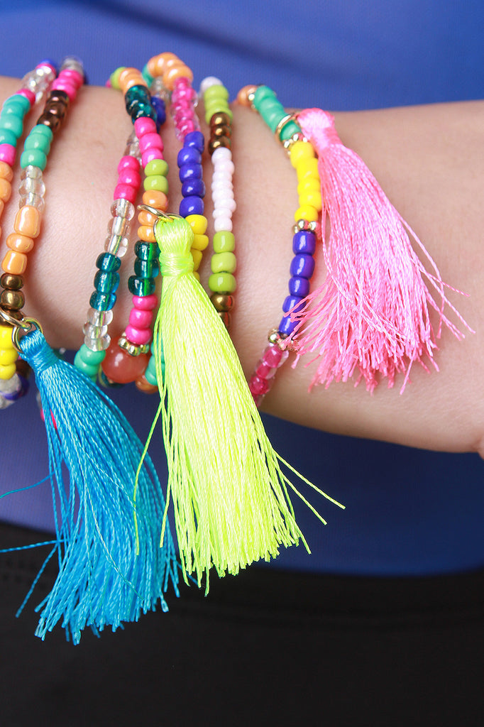 Multi-Color Bead and Tassel Bracelet Set