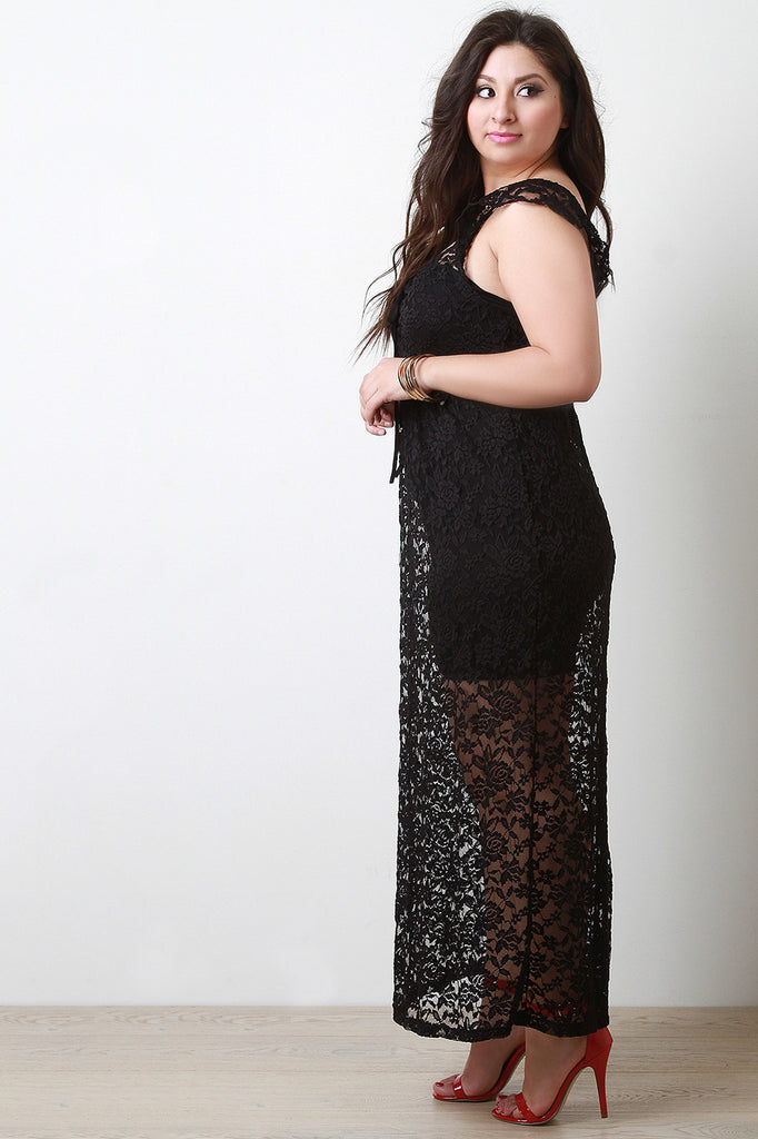 Semi-Sheer Cover Up Floral Lace Maxi Dress