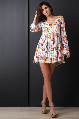 Floral Laced Back Tiered Shift Mini Dress