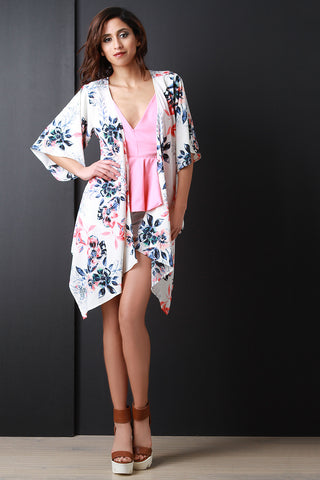 Floral Handkerchief Hem Wide Sleeve Kimono