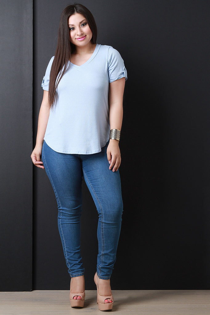 V-neck Tab Sleeve Round Hem Top