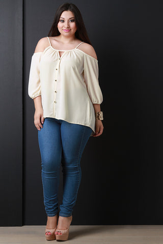 Cold Shoulder Button Embellishment Top