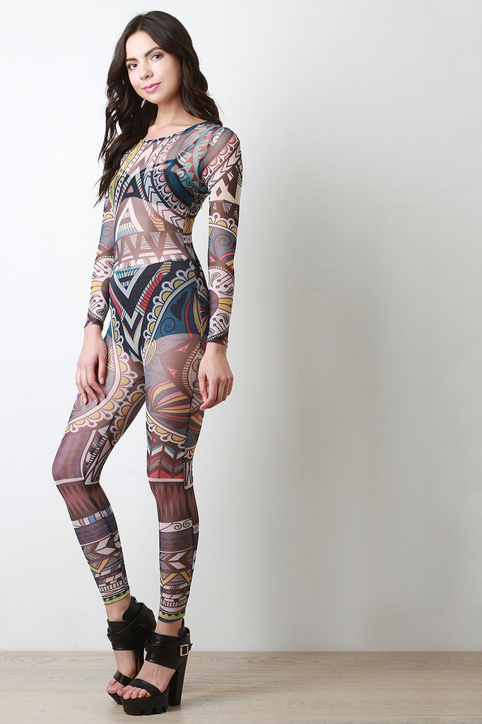 Keyhole Back Tribal Print Semi-Sheer Jumpsuit