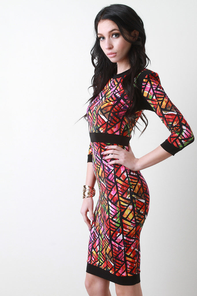 Three Quarter Sleeve Pattern Midi Dress