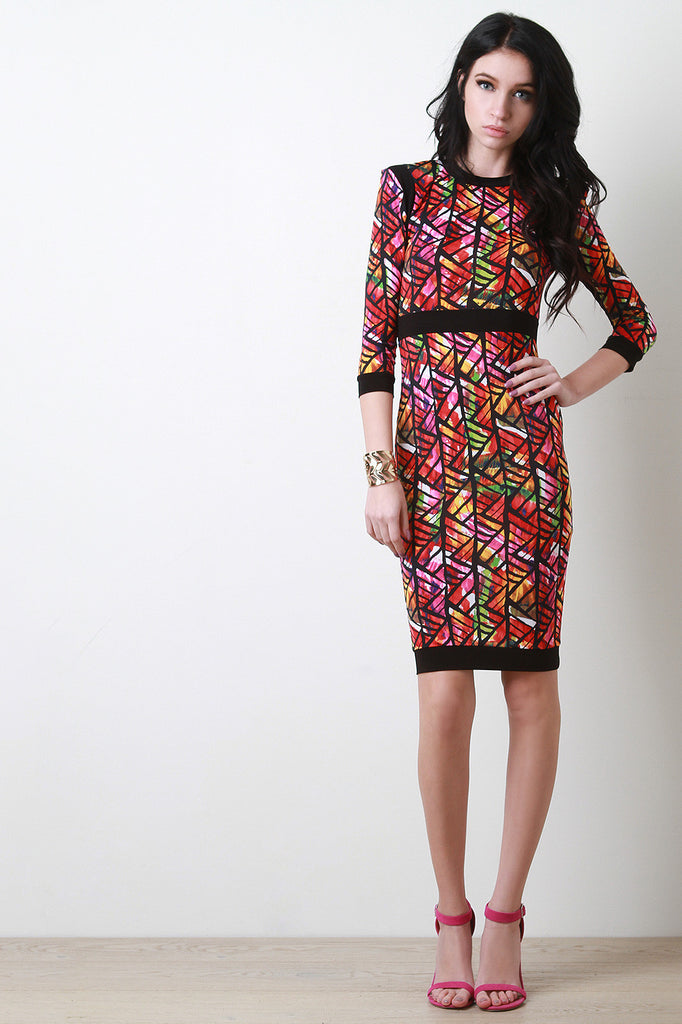 Three Quarter Sleeve Pattern Midi Dress