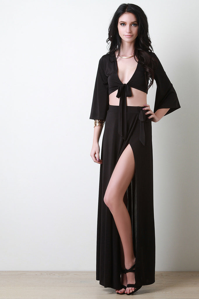 Deep Slit Wrap Side Tie Maxi Skirt