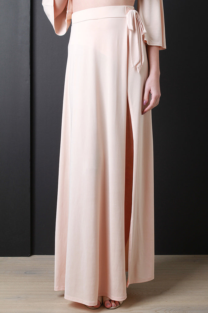 Deep Slit Wrap Side Tie Maxi Skirt