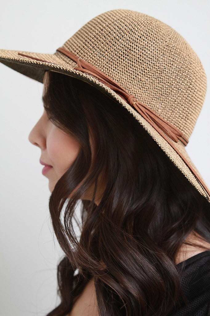 Straw Faux Suede Bow Floppy Hat