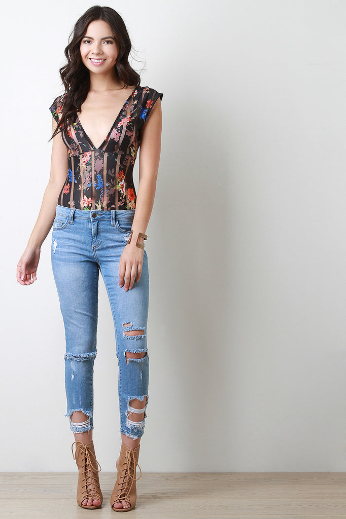 Plunging V-Neck Semi-Sheer Floral Bodysuit