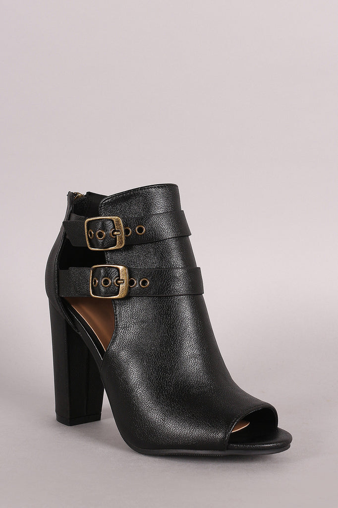 Bamboo Double Buckled Cutout Heeled Booties