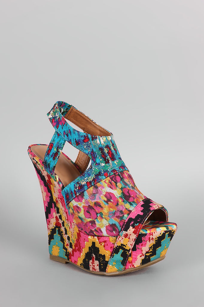 Bamboo Patchwork Watercolor Print Platform Wedge