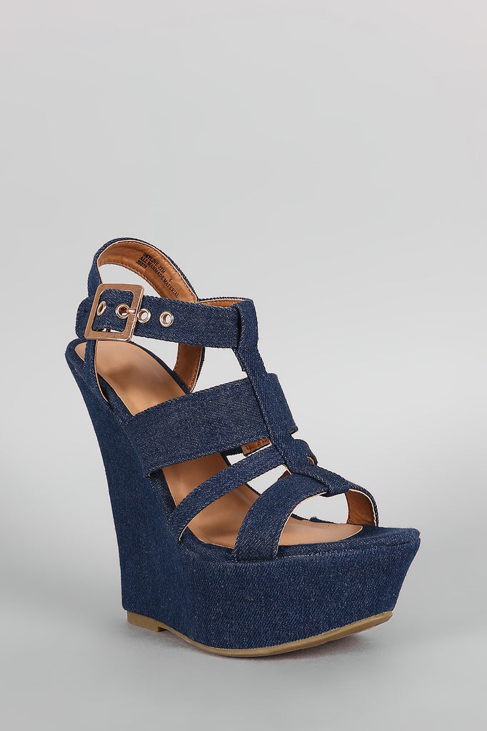 Bamboo Denim Strappy Platform Wedge