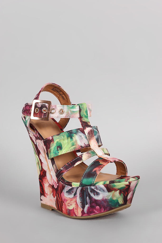 Bamboo Floral Print Strappy Platform Wedge