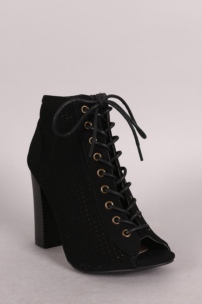 Bamboo Perforated Lace Up Chunky Heeled Booties