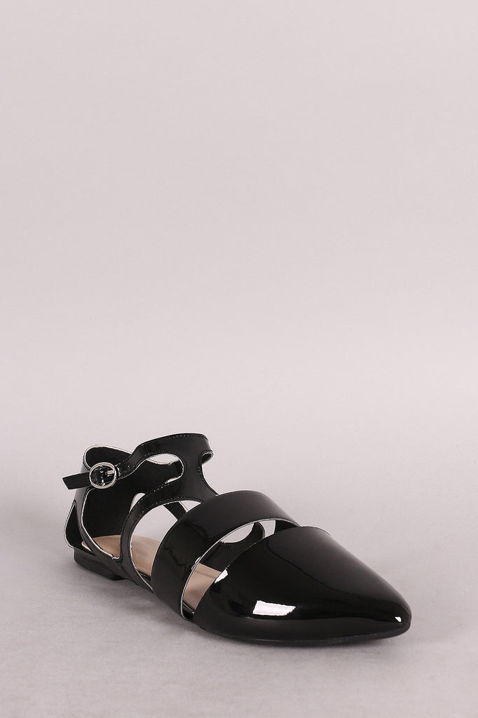 Qupid Patent Cutout Pointy Toe Ankle Strap Flat