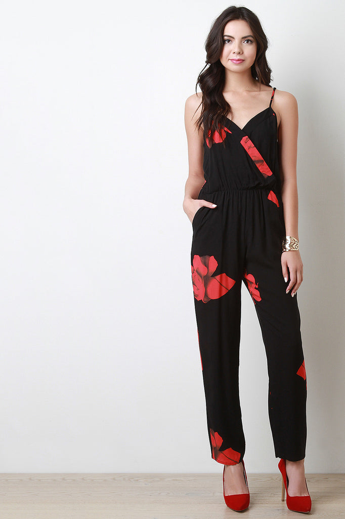 Sleeveless Floral Surplice Jumpsuit