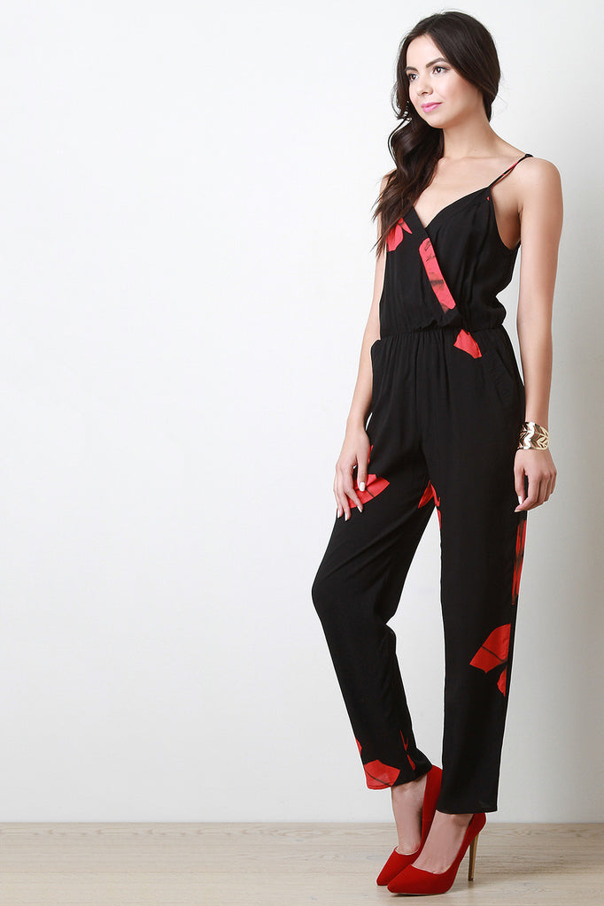 Sleeveless Floral Surplice Jumpsuit