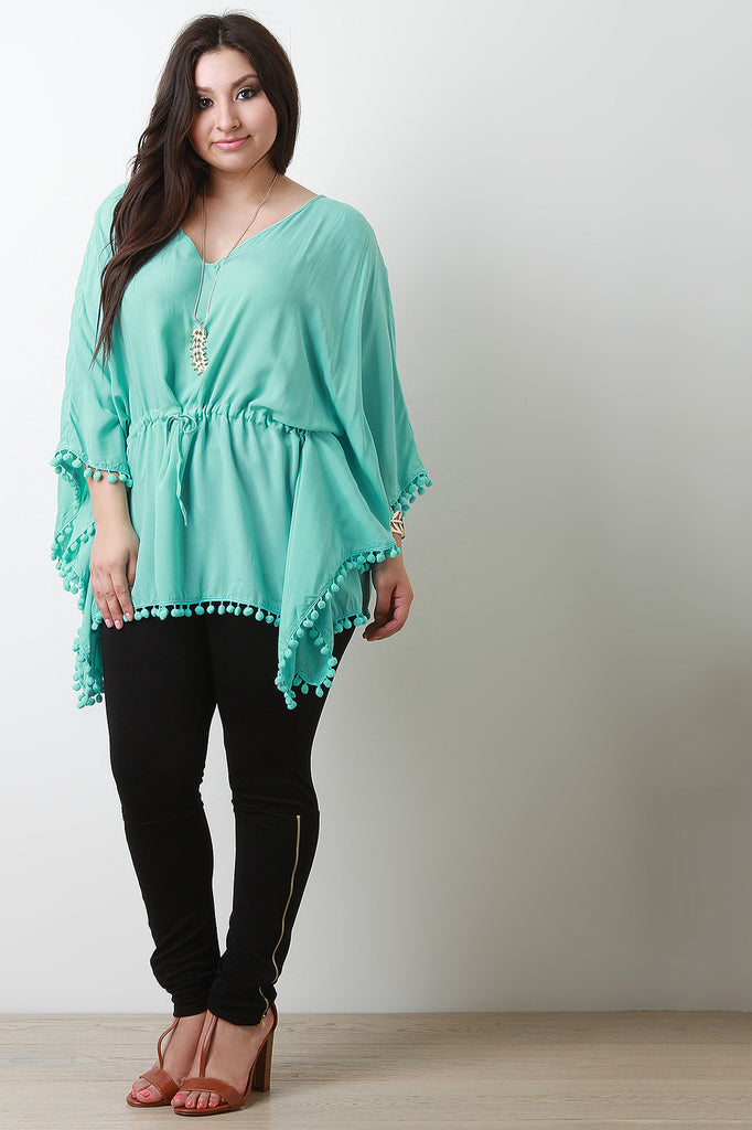 Pom Pom V-Neck Poncho Top