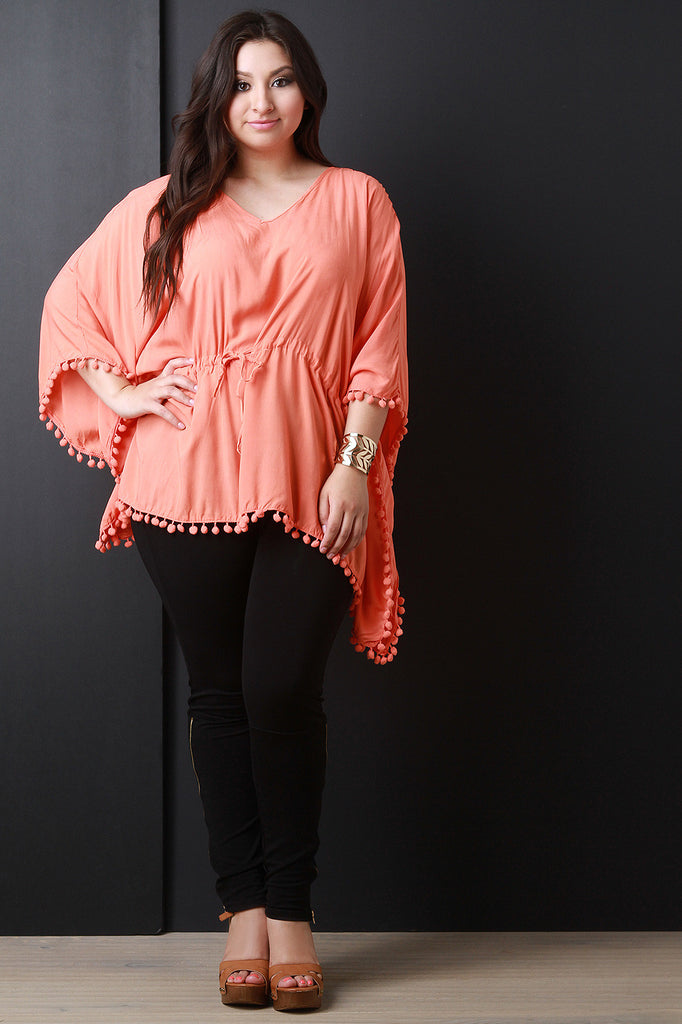 Pom Pom V-Neck Poncho Top