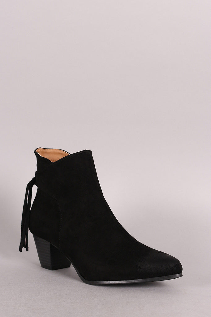 Qupid Suede Fringe Pointy Toe Chunky Heeled Booties