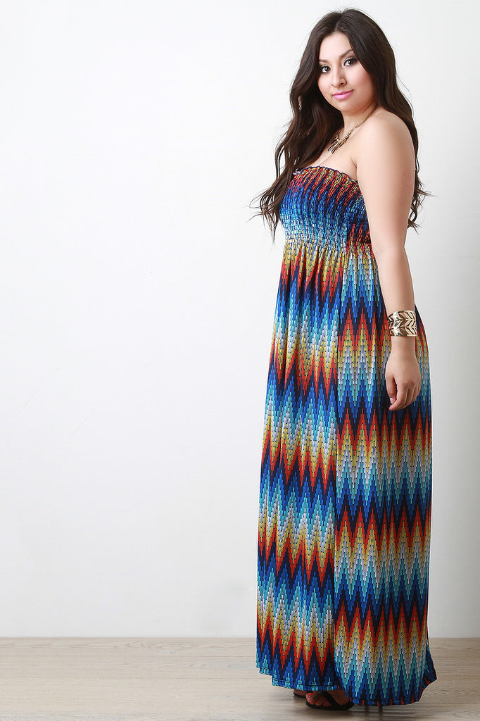 Zig Zag Empire Waist Strapless Maxi Dress