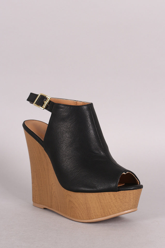 Qupid Peep Toe Faux Wooden Platform Mule Wedge