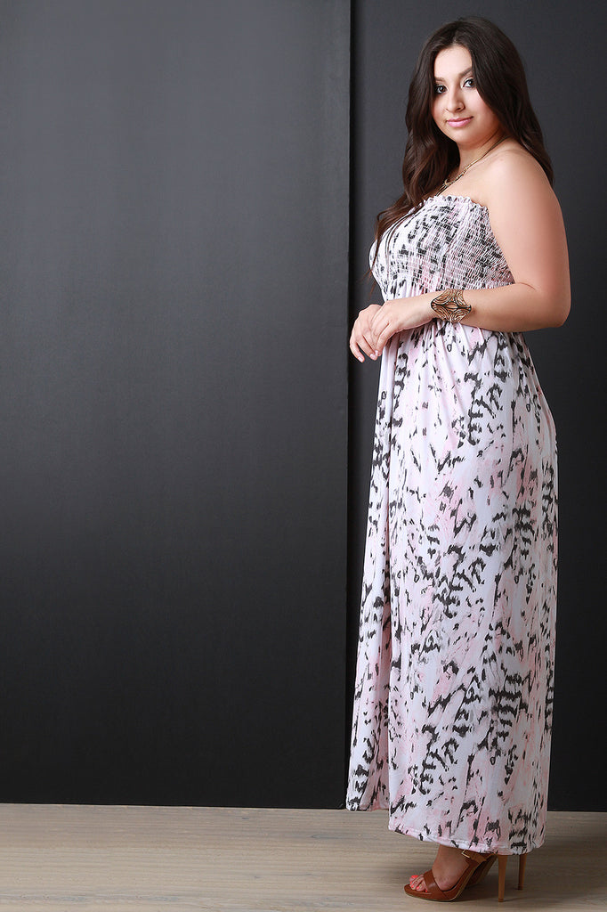 Abstract Empire Waist Strapless Maxi Dress