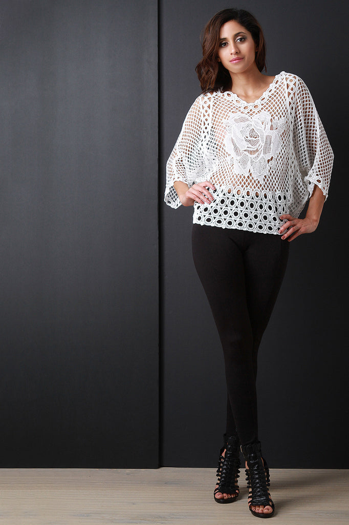 V Neck Rosette Crochet Dolman Sleeve Top