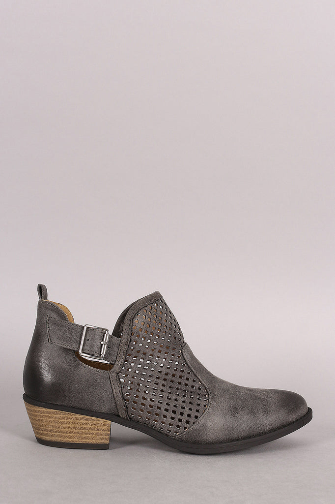 Qupid Perforated Suede Buckled Cowgirl Booties