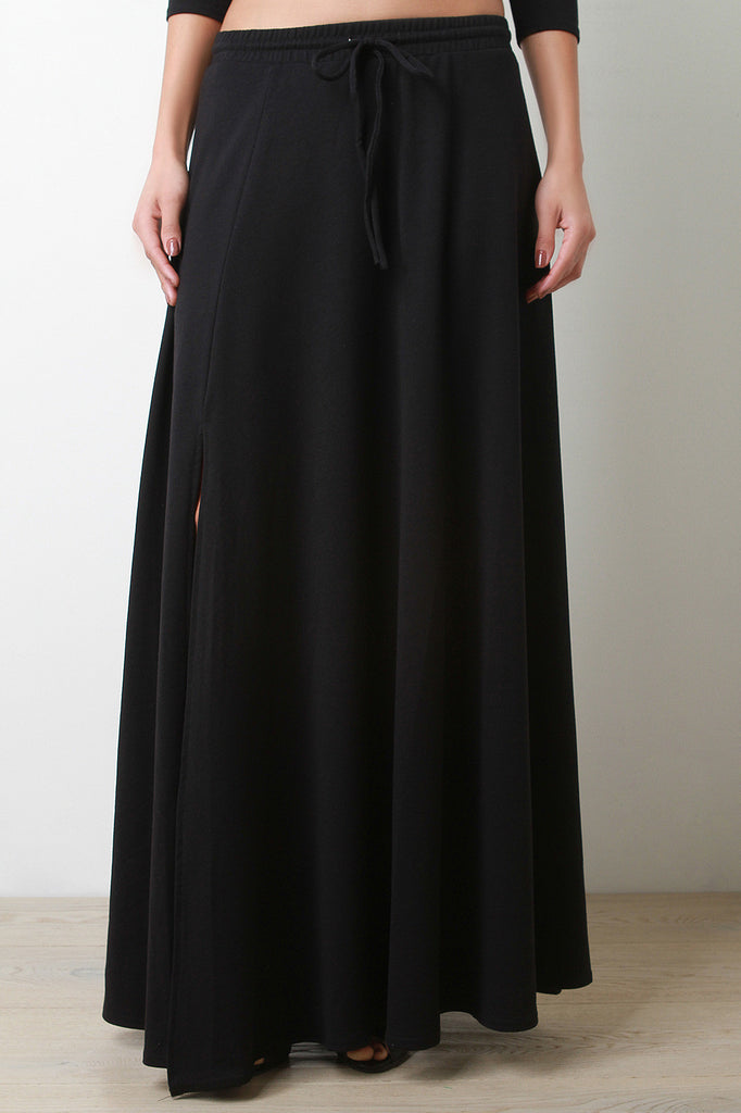 Self Tie Drawstring Maxi Slit Sweat Skirt