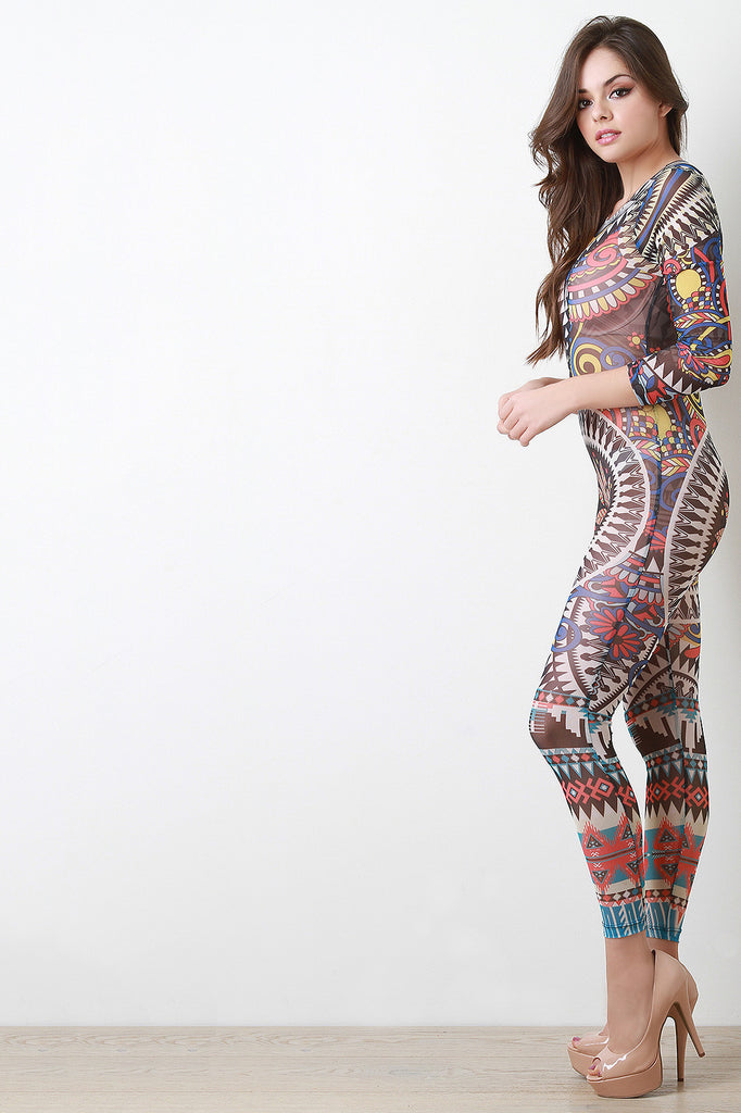 Native Tribal Print Mesh Jumpsuit