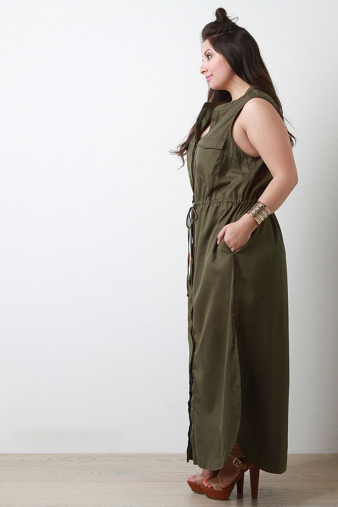 Sleeveless Military Shirt Maxi Dress