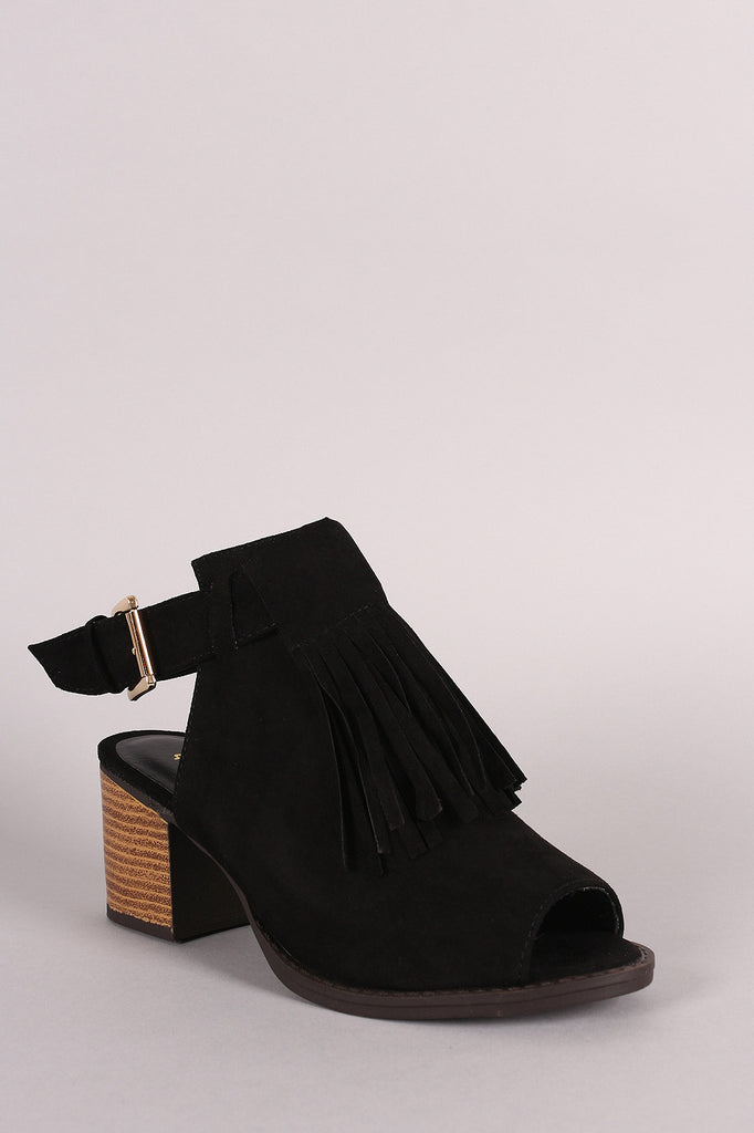 Qupid Suede Fringe Peep Toe Chunky Mule Heel