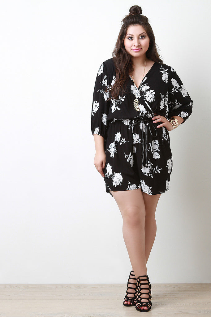 Three Quarter Bell Sleeve Surplice Floral Romper