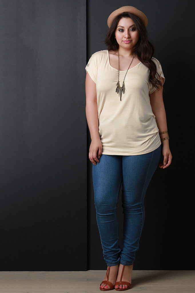 Short Sleeve Button Accent Gathered Top