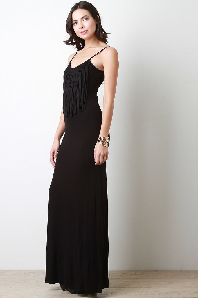 Jersey Knit Round Neck Fringe Maxi Dress