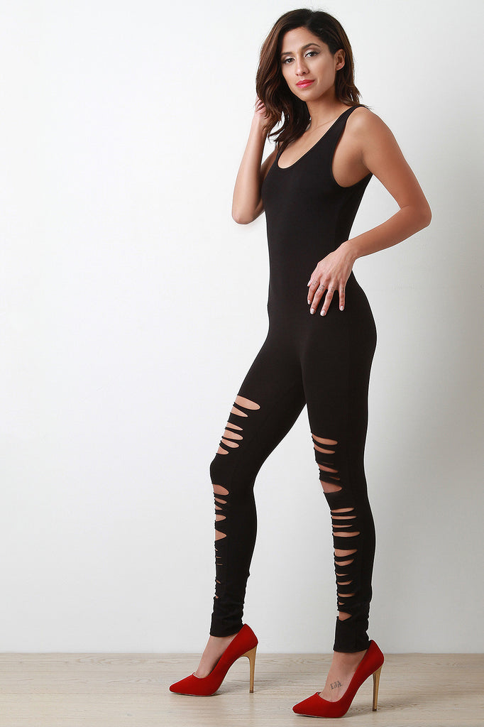 Sleeveless Scoop Neck Ripped Legs Jumpsuit