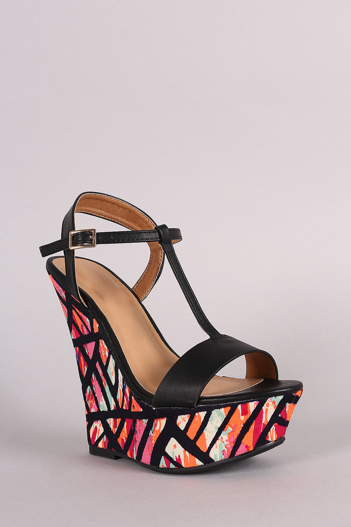 Bamboo T-Strap Watercolor Print Platform Wedge