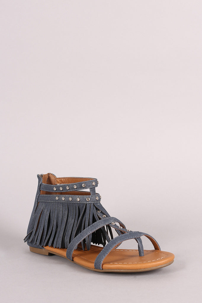 Soda Denim Studded Fringe Cuff Thong Flat Sandal