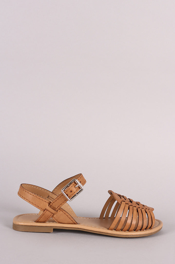 Soda Woven Peep Toe Ankle Strap Flat Sandal