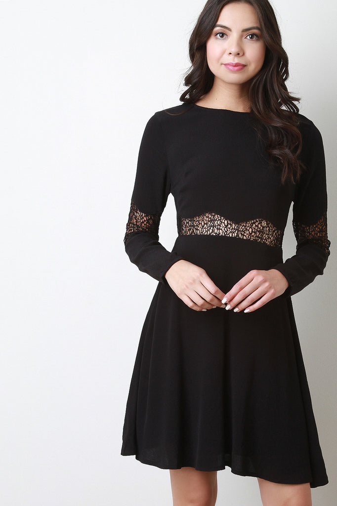 Long Sleeve Lace Inset A Line Dress