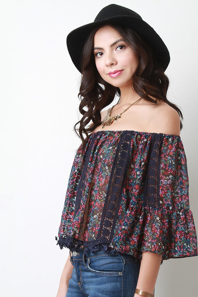 Off The Shoulder Floral Crochet Tassel Top