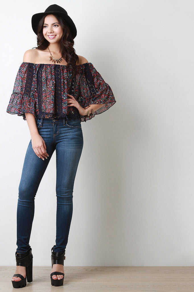 Off The Shoulder Floral Crochet Tassel Top