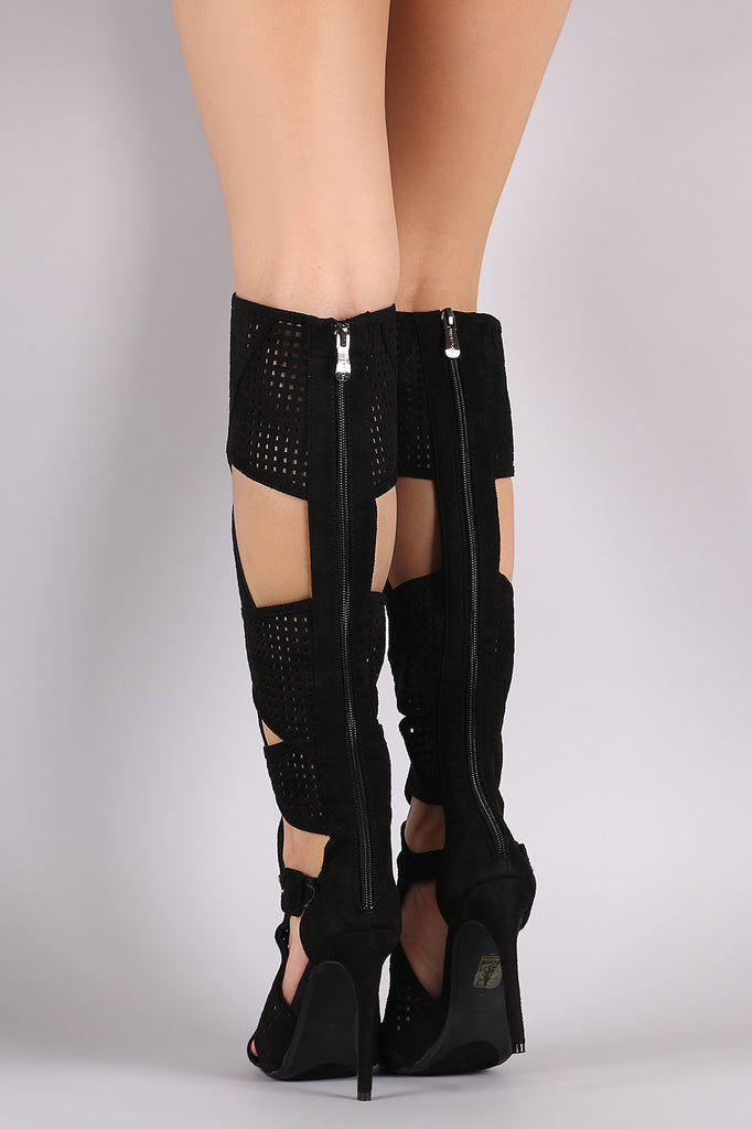 Suede Perforated Cutout Stiletto Knee High Boots