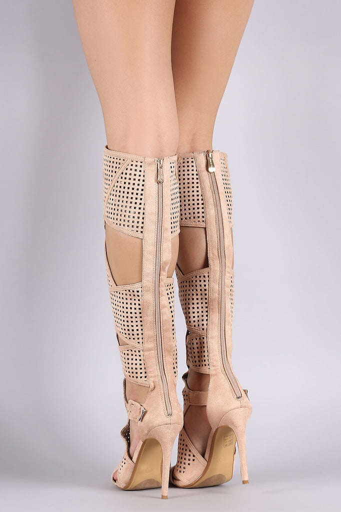 Suede Perforated Cutout Stiletto Knee High Boots